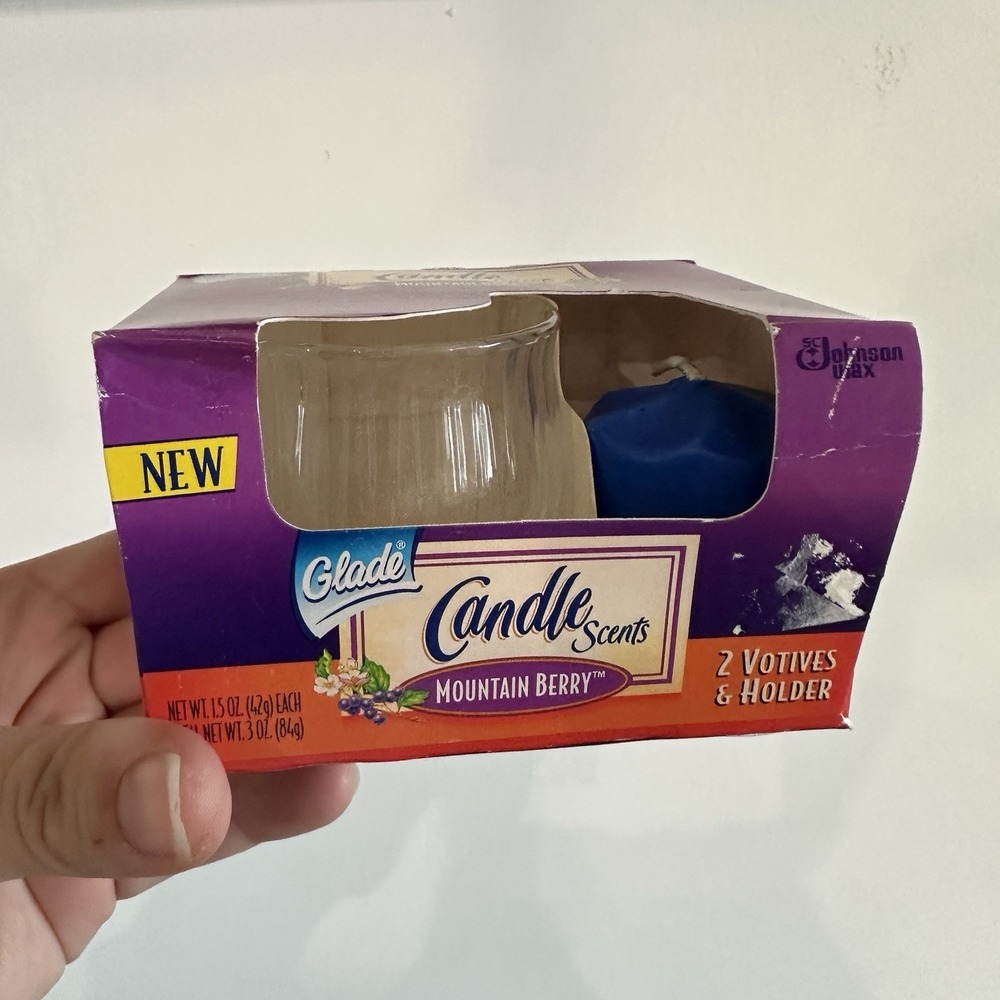 Glade Candle Scents Mountain Berry 1 Votives & Glass Holder NEW Vintage 1997